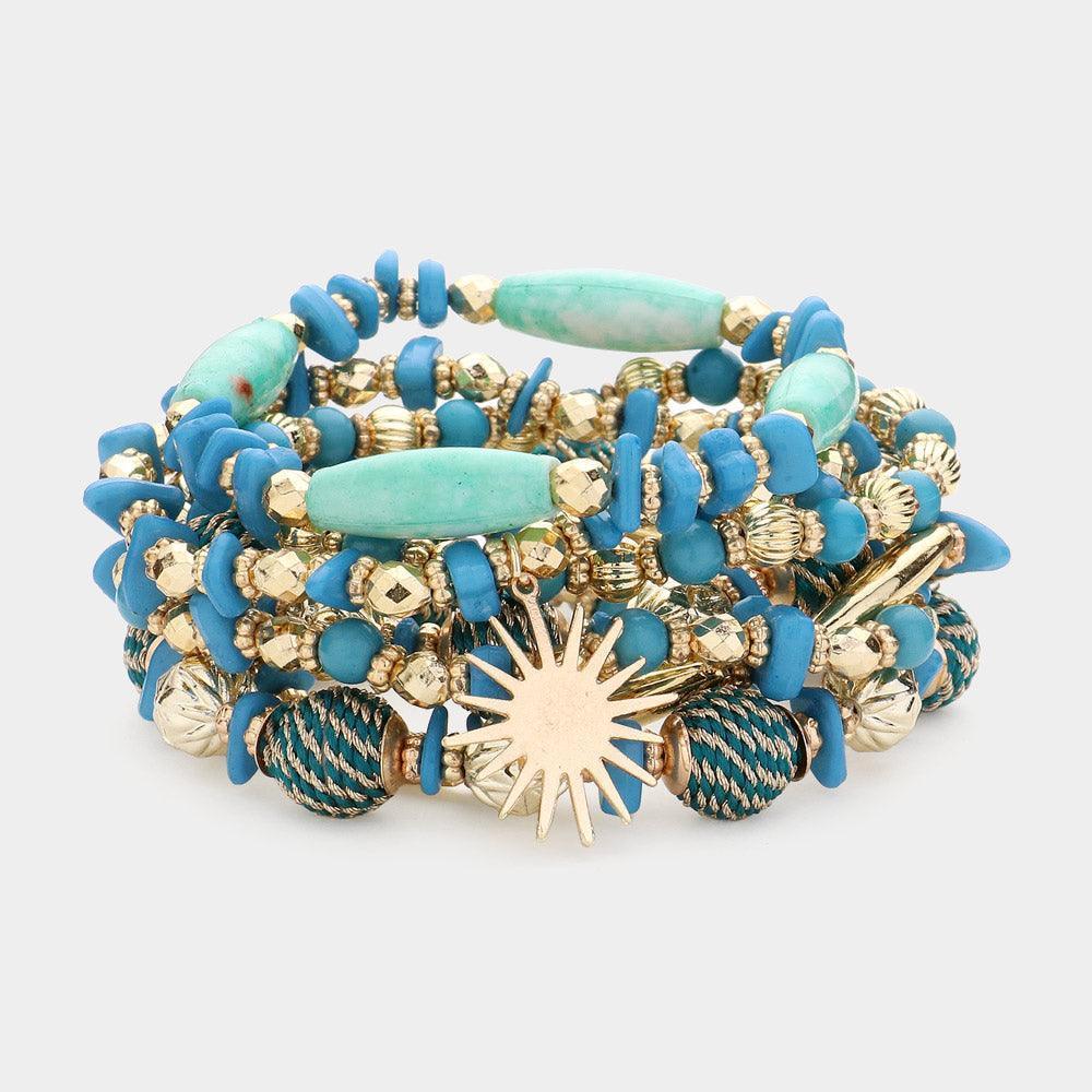 Turquoise 7PCS - Wing Sun Charm Multi Beads Beaded Layered Bracelets - Jewelry Store by Erik Rayo