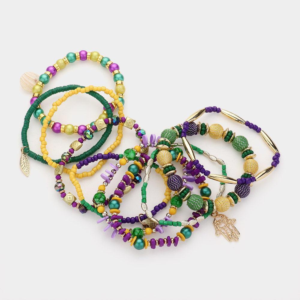 10PCS - Mardi Gras Metal Leaf Hansa Hand Charm Multi Beads Beaded Layered Bracelets - Jewelry Store by Erik Rayo
