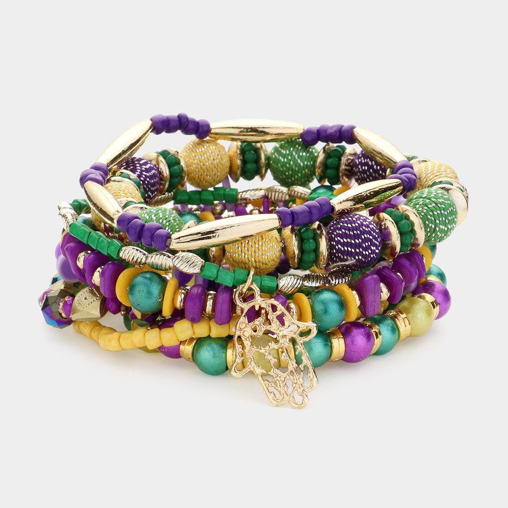 10PCS - Mardi Gras Metal Leaf Hansa Hand Charm Multi Beads Beaded Layered Bracelets - Jewelry Store by Erik Rayo