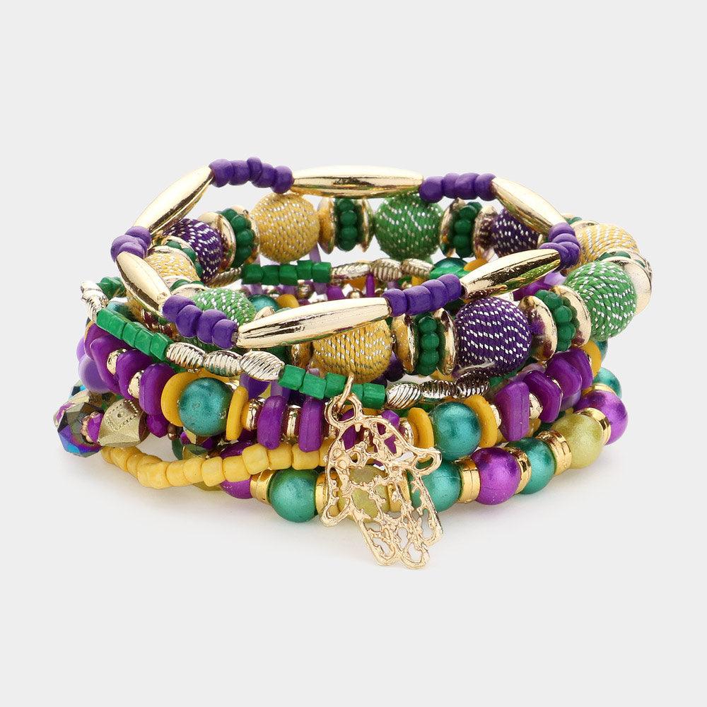 10PCS - Mardi Gras Metal Leaf Hansa Hand Charm Multi Beads Beaded Layered Bracelets