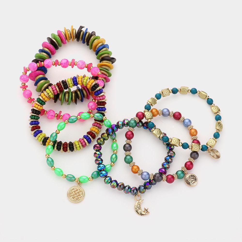 7PCS - Metal Moon Coin Charm Multi Beads Beaded Layered Bracelets - Jewelry Store by Erik Rayo