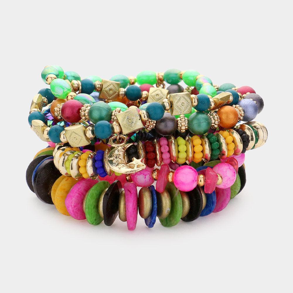 7PCS - Metal Moon Coin Charm Multi Beads Beaded Layered Bracelets - Jewelry Store by Erik Rayo