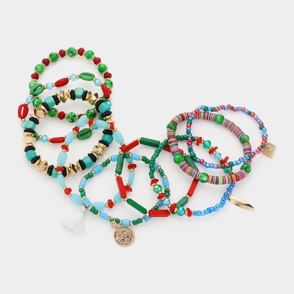 Turquoise 9PCS - Metal Coin Tassel Charm Wood Shell Multi Beads Beaded Layered Bracelets - Jewelry Store by Erik Rayo