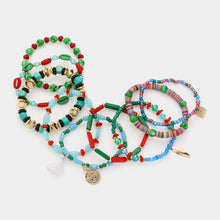 Load image into Gallery viewer, Turquoise 9PCS - Metal Coin Tassel Charm Wood Shell Multi Beads Beaded Layered Bracelets
