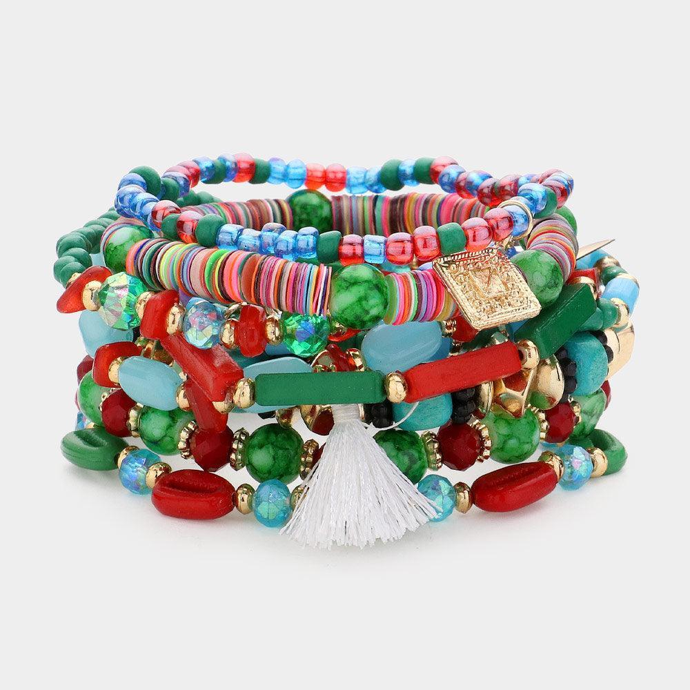 Turquoise 9PCS - Metal Coin Tassel Charm Wood Shell Multi Beads Beaded Layered Bracelets - Jewelry Store by Erik Rayo