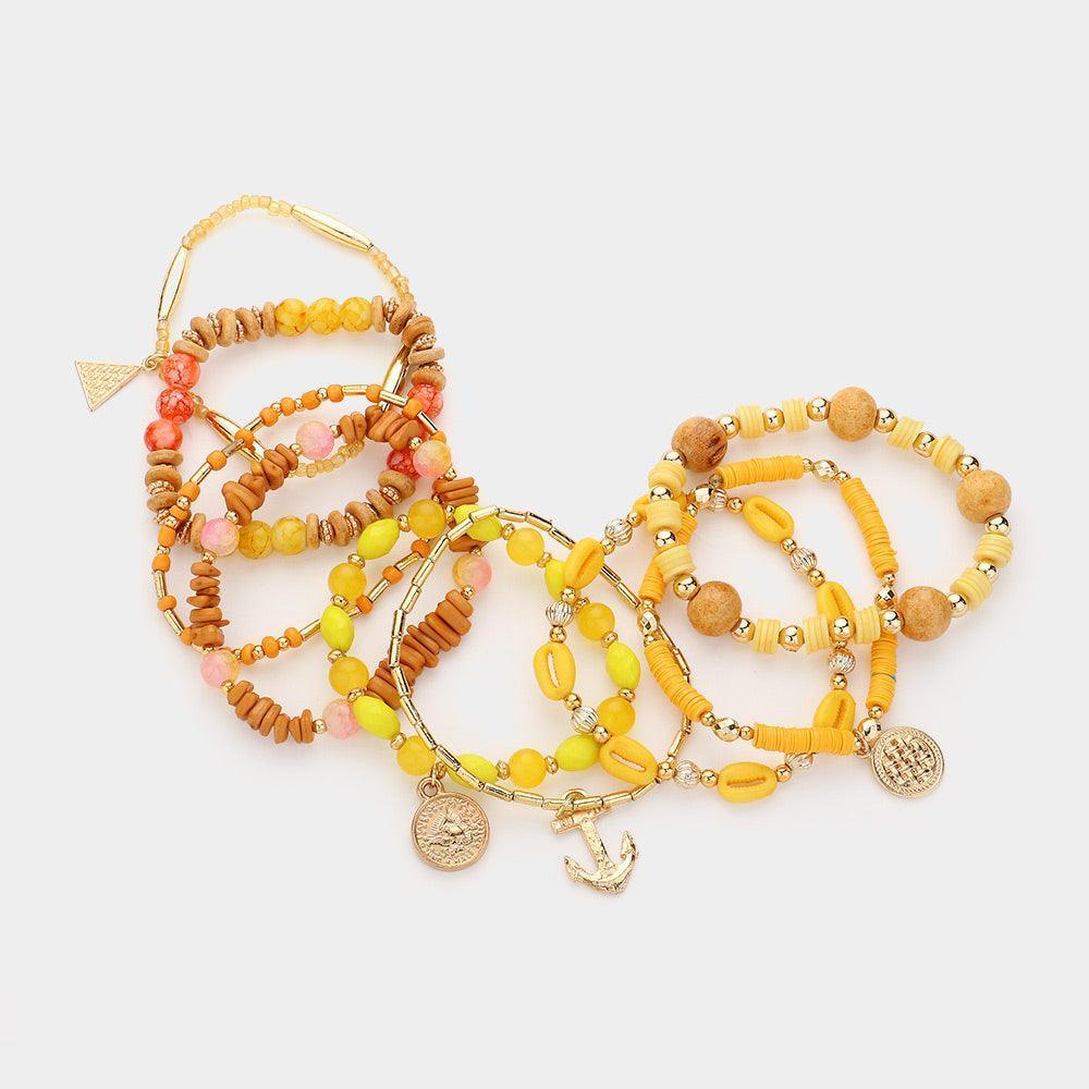 Yellow 9PCS - Metal Anchor Coin Charm Wood Multi Beads Beaded Layered Bracelets - Jewelry Store by Erik Rayo