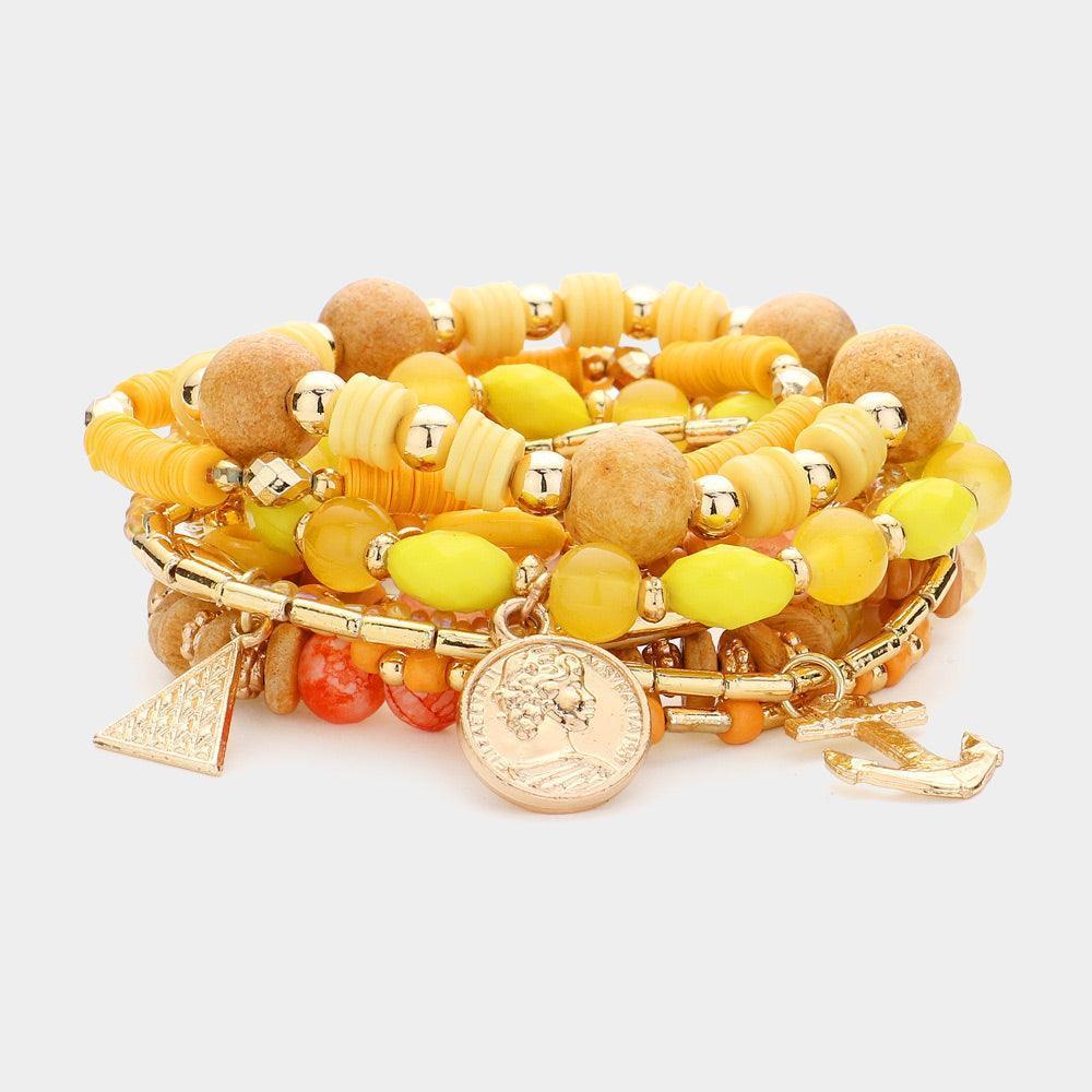 Yellow 9PCS - Metal Anchor Coin Charm Wood Multi Beads Beaded Layered Bracelets - Jewelry Store by Erik Rayo