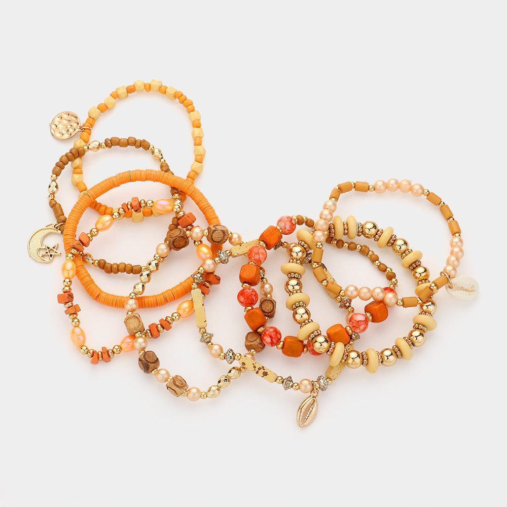 9PCS - Shell Metal Moon Charm Wood Multi Beads Beaded Layered Bracelets - Jewelry Store by Erik Rayo