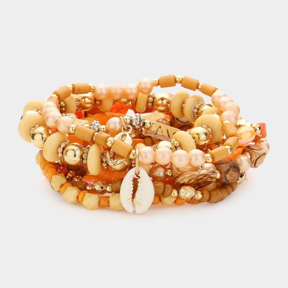 9PCS - Shell Metal Moon Charm Wood Multi Beads Beaded Layered Bracelets - Jewelry Store by Erik Rayo