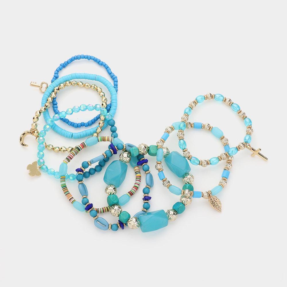 Turquoise 9PCS - Metal Key Moon Butterfly Leaf Cross Charm Multi Beads Beaded Layered Bracelets - Jewelry Store by Erik Rayo