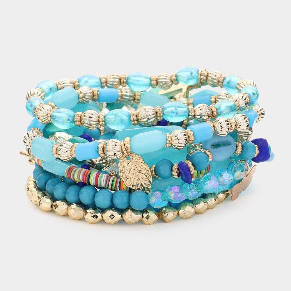Turquoise 9PCS - Metal Key Moon Butterfly Leaf Cross Charm Multi Beads Beaded Layered Bracelets - Jewelry Store by Erik Rayo