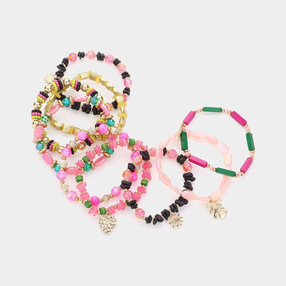 9PCS - Metal Heart Leaf Sun Charm Wood Glass Ball Beaded Multi Layered Bracelets - Jewelry Store by Erik Rayo