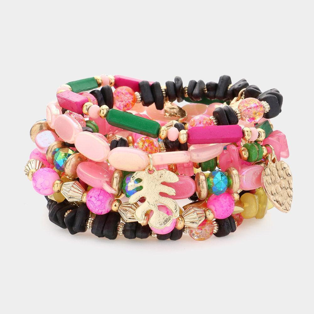 9PCS - Metal Heart Leaf Sun Charm Wood Glass Ball Beaded Multi Layered Bracelets - Jewelry Store by Erik Rayo