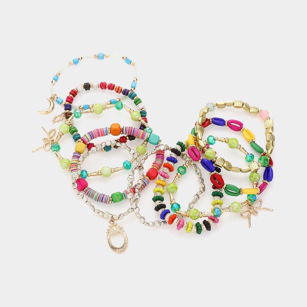 10PCS - Metal Crescent Bow Charm Wood Heishi Shell Beaded Multi Layered Bracelets - Jewelry Store by Erik Rayo
