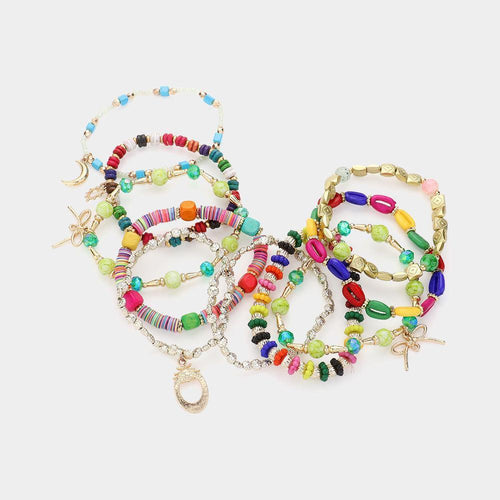 10PCS - Metal Crescent Bow Charm Wood Heishi Shell Beaded Multi Layered Bracelets - Jewelry Store by Erik Rayo
