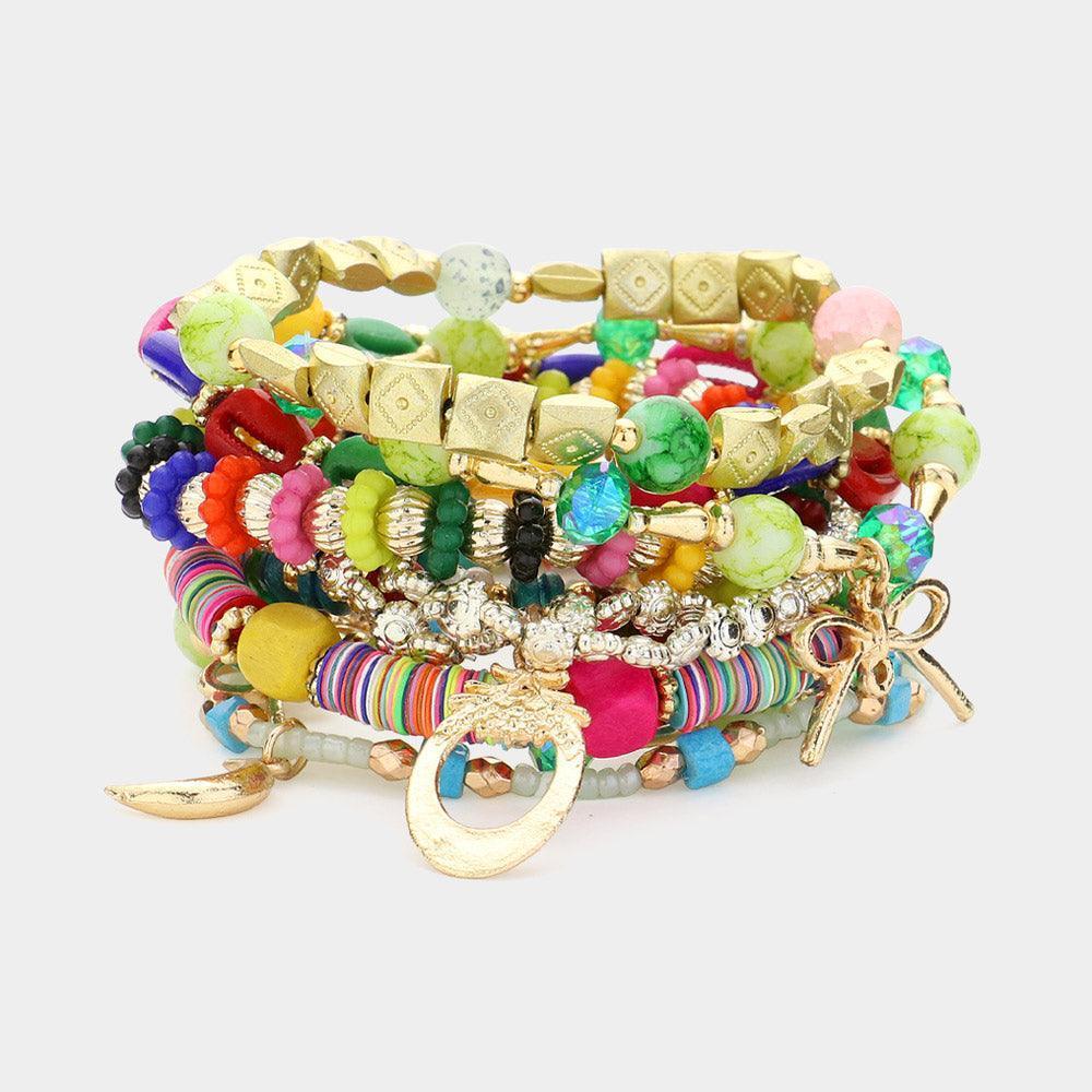 10PCS - Metal Crescent Bow Charm Wood Heishi Shell Beaded Multi Layered Bracelets - Jewelry Store by Erik Rayo