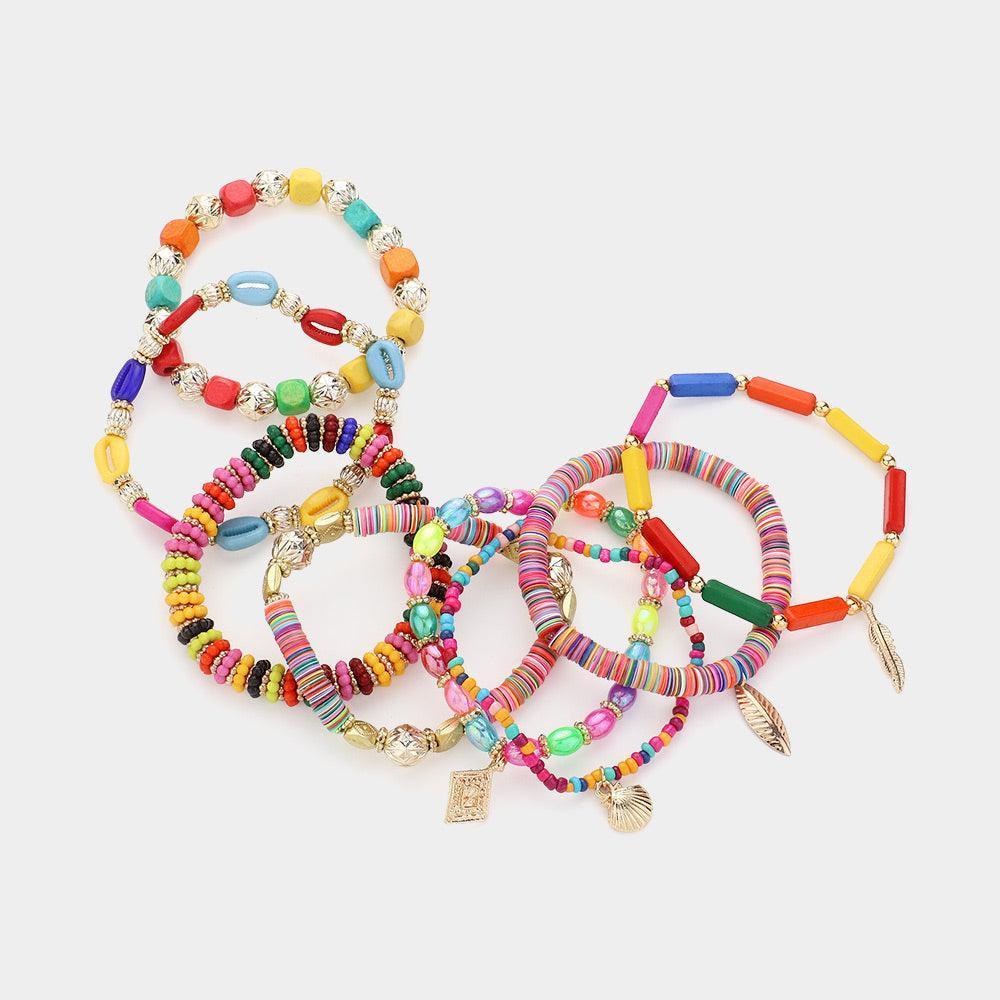 8PCS - Metal Leaf Shell Charm Heishi Shell Wood Beaded Multi Layered Bracelets - Jewelry Store by Erik Rayo