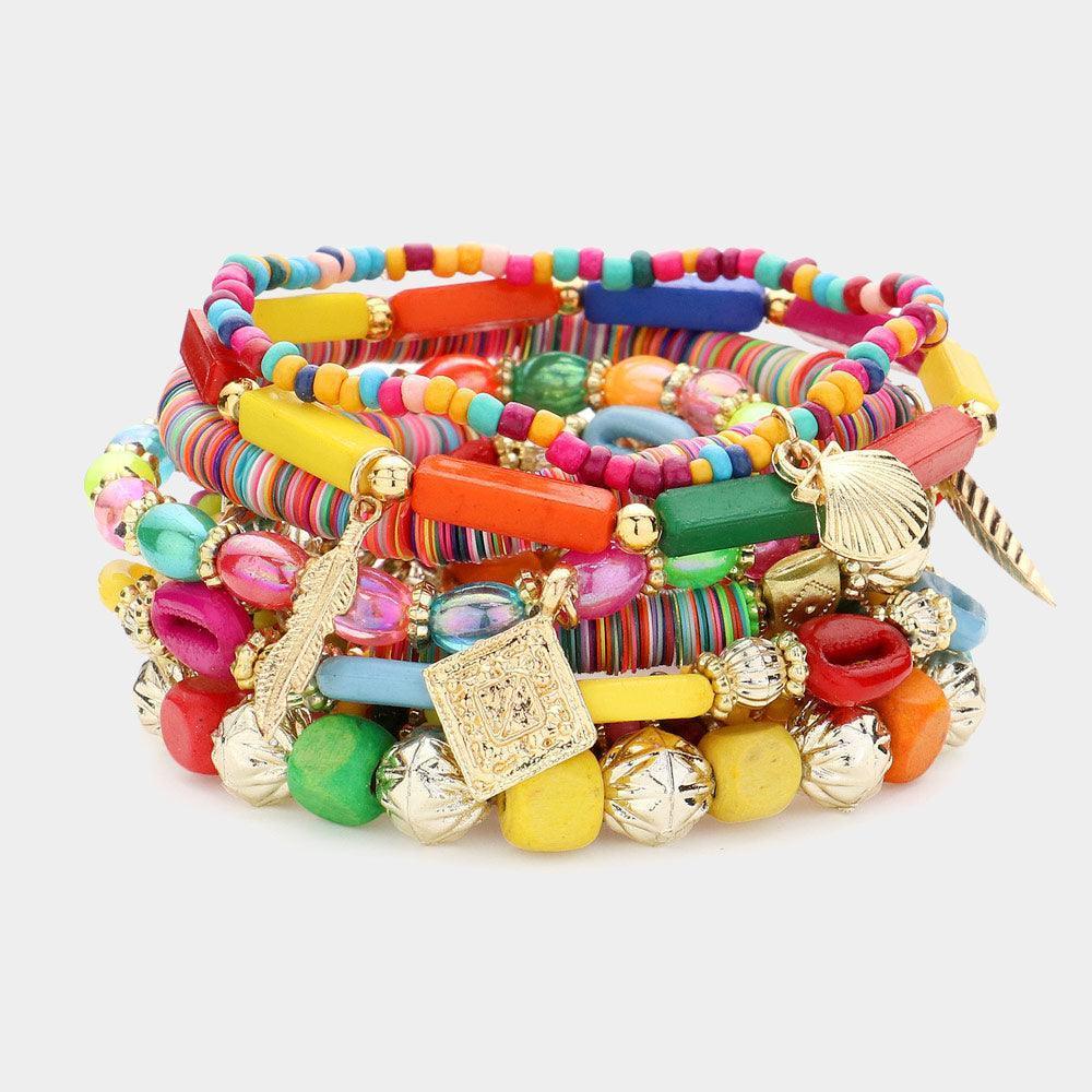 8PCS - Metal Leaf Shell Charm Heishi Shell Wood Beaded Multi Layered Bracelets - Jewelry Store by Erik Rayo