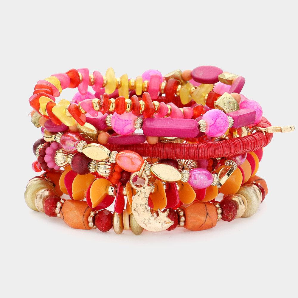 Pink 10PCS - Metal Moon Star Leaf Cactus Charm Multi Beads Beaded Multi Layered Bracelets