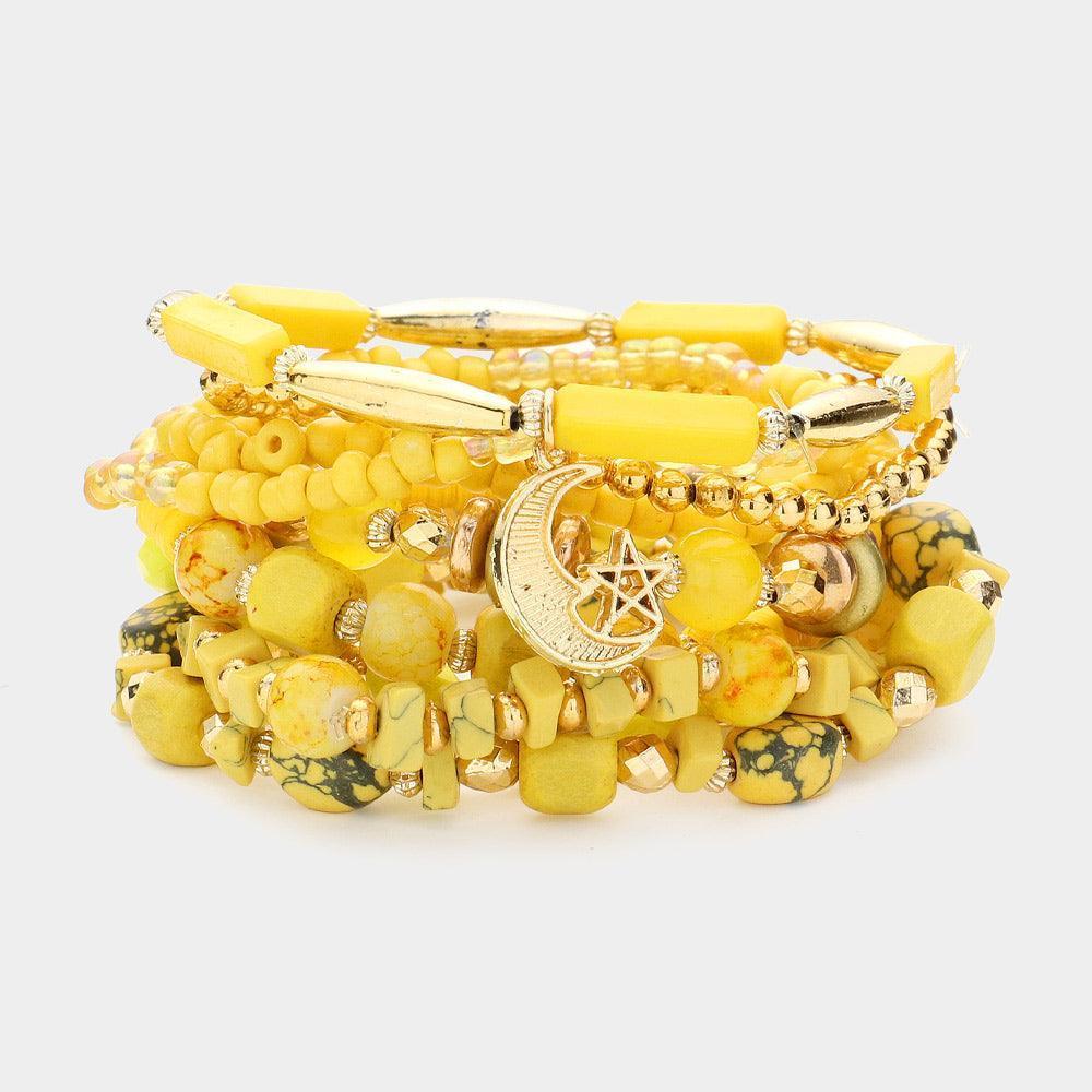 Yellow 9PCS - Moon Star Flower Metal Charm Multi Beads Beaded Multi Layered Bracelets - Jewelry Store by Erik Rayo