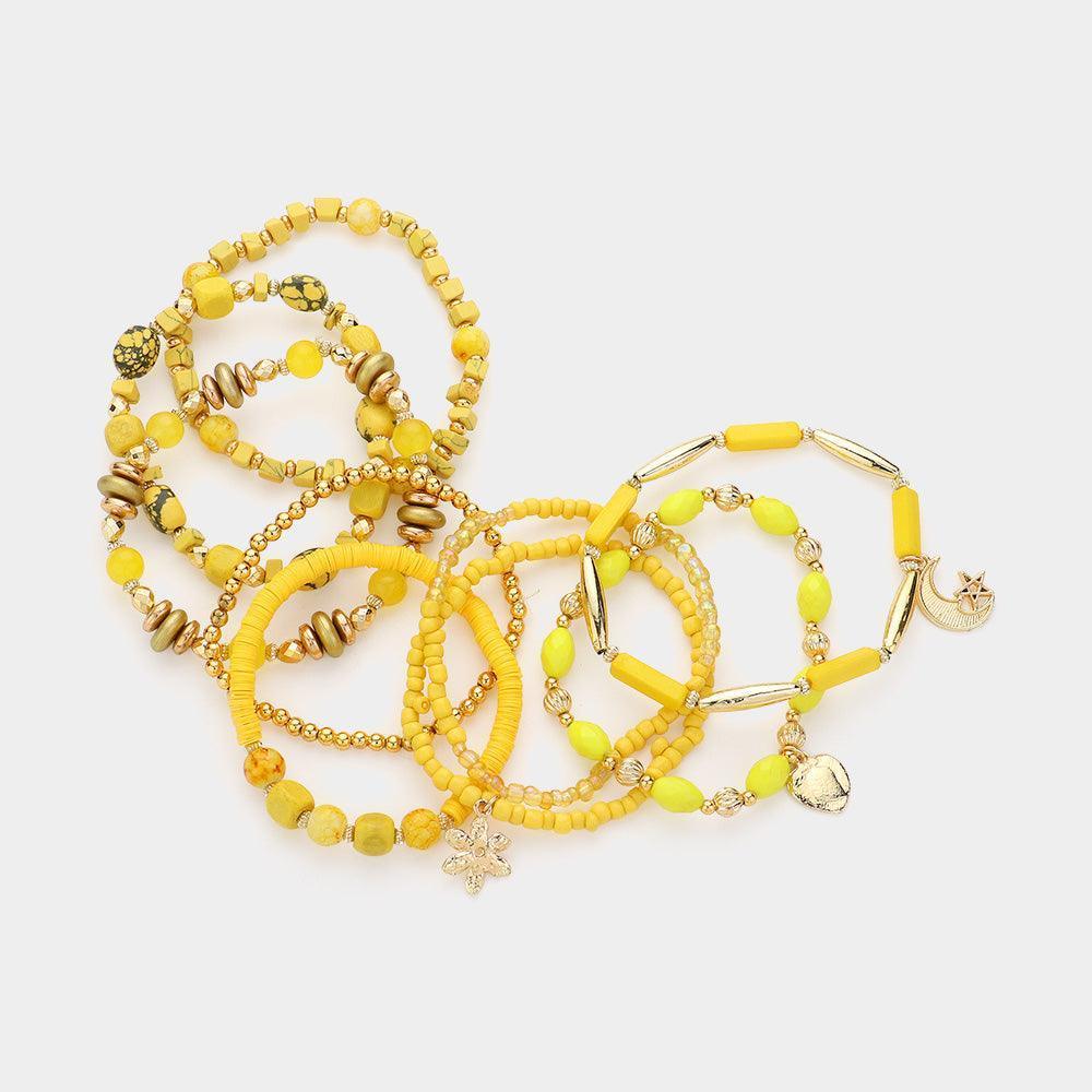 Yellow 9PCS - Moon Star Flower Metal Charm Multi Beads Beaded Multi Layered Bracelets - Jewelry Store by Erik Rayo