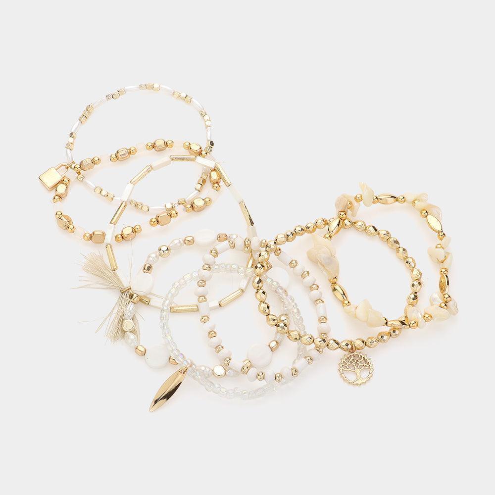 White 8PCS - Tassel Tree Of Life Charm Multi Beads Beaded Multi Layered Bracelets - Jewelry Store by Erik Rayo