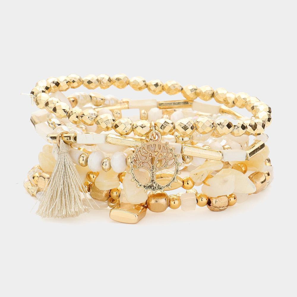 White 8PCS - Tassel Tree Of Life Charm Multi Beads Beaded Multi Layered Bracelets - Jewelry Store by Erik Rayo