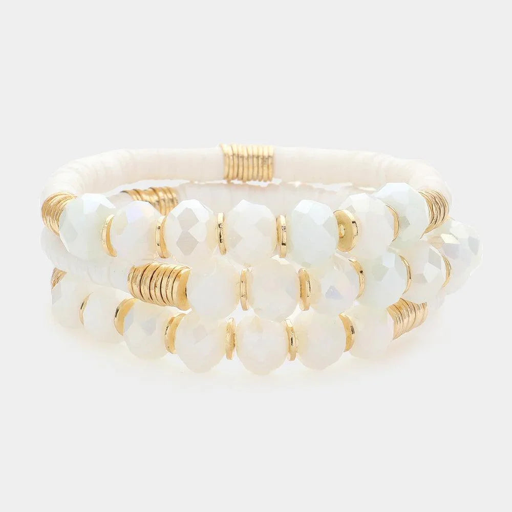 White 3PCS - Faceted Beads Heishi Beaded Multi Layered Bracelets - Jewelry Store by Erik Rayo