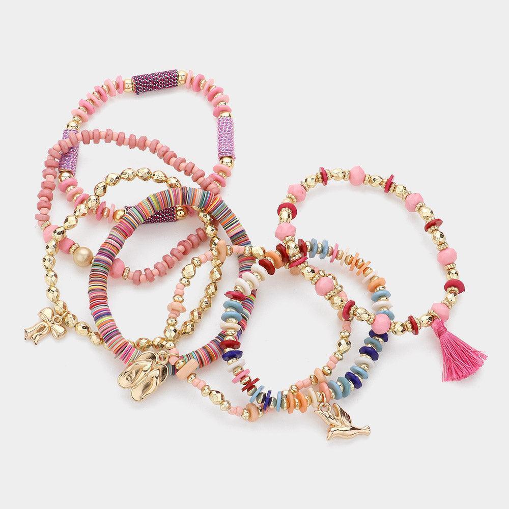 7PCS - Bow Flip Flops Peace Tassel Charm Faceted Beaded Stretch Multi Layered Bracelet - Jewelry Store by Erik Rayo