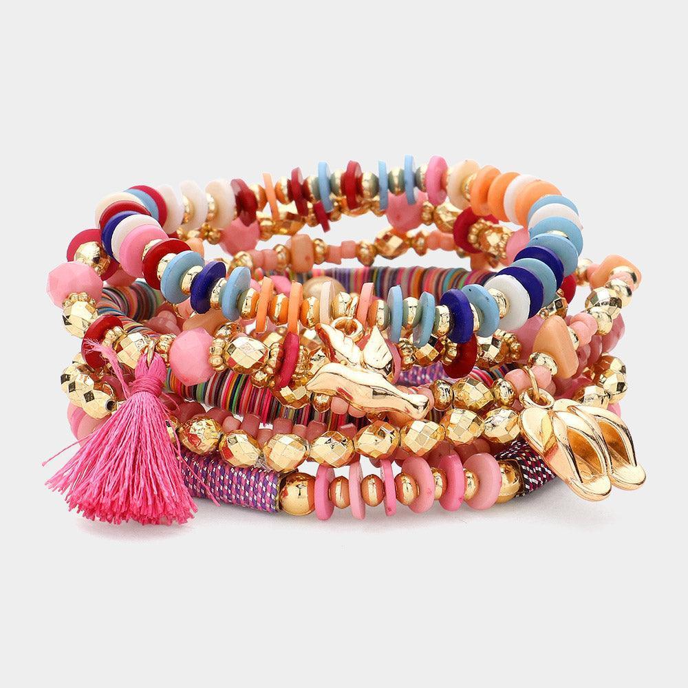 7PCS - Bow Flip Flops Peace Tassel Charm Faceted Beaded Stretch Multi Layered Bracelet - Jewelry Store by Erik Rayo