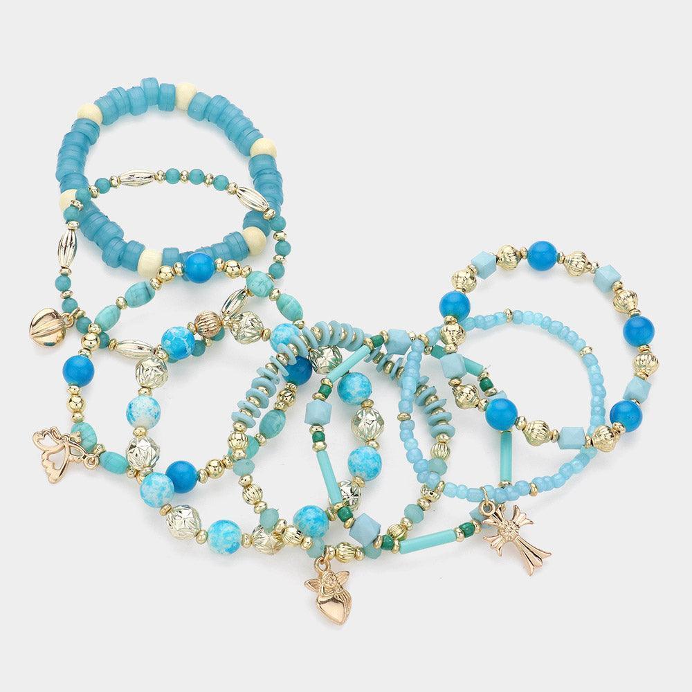 Turquoise 8PCS - Angel Heart Cross Charm Faceted Beaded Stretch Multi Layered Bracelets - Jewelry Store by Erik Rayo