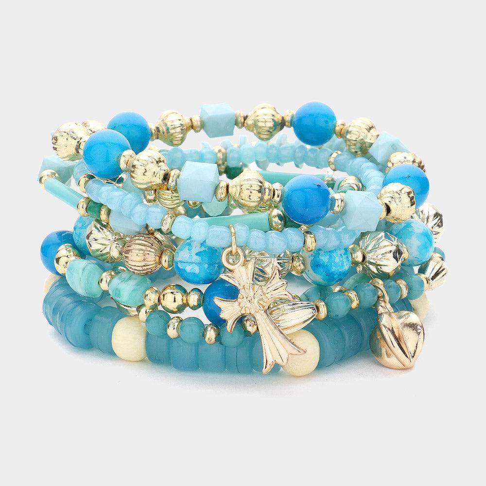 Turquoise 8PCS - Angel Heart Cross Charm Faceted Beaded Stretch Multi Layered Bracelets - Jewelry Store by Erik Rayo