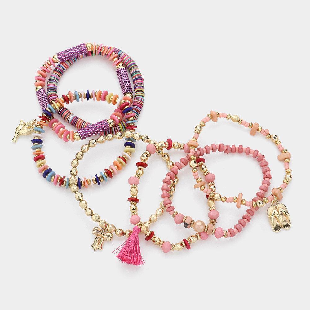 Pink 7PCS - Peace Tassel Bow Flip Flops Charm Multi Beaded Stackable Stretch Layered Bracelets - Jewelry Store by Erik Rayo