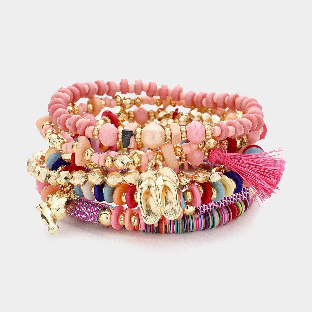 Pink 7PCS - Peace Tassel Bow Flip Flops Charm Multi Beaded Stackable Stretch Layered Bracelets - Jewelry Store by Erik Rayo