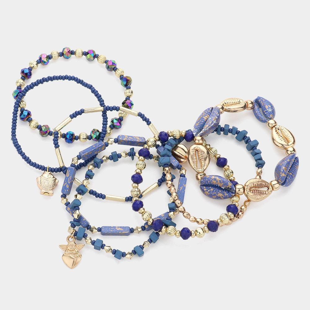 Blue 8PCS - Fish Heart Angel Charm Puka Shell Beads Pointed Faceted Beaded Stretch Multi Layered Bracelets - Jewelry Store by Erik Rayo