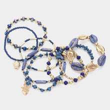 Load image into Gallery viewer, Blue 8PCS - Fish Heart Angel Charm Puka Shell Beads Pointed Faceted Beaded Stretch Multi Layered Bracelets
