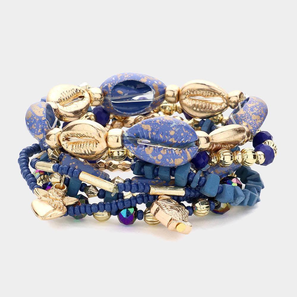 Blue 8PCS - Fish Heart Angel Charm Puka Shell Beads Pointed Faceted Beaded Stretch Multi Layered Bracelets - Jewelry Store by Erik Rayo