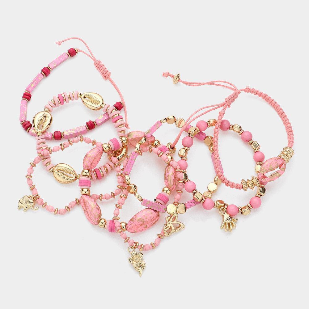 Pink 8PCS - Metal Puka Pointed Elephant Flower Butterfly Hand Charm Multi Layered Stretch Adjustable Bracelets - Jewelry Store by Erik Rayo