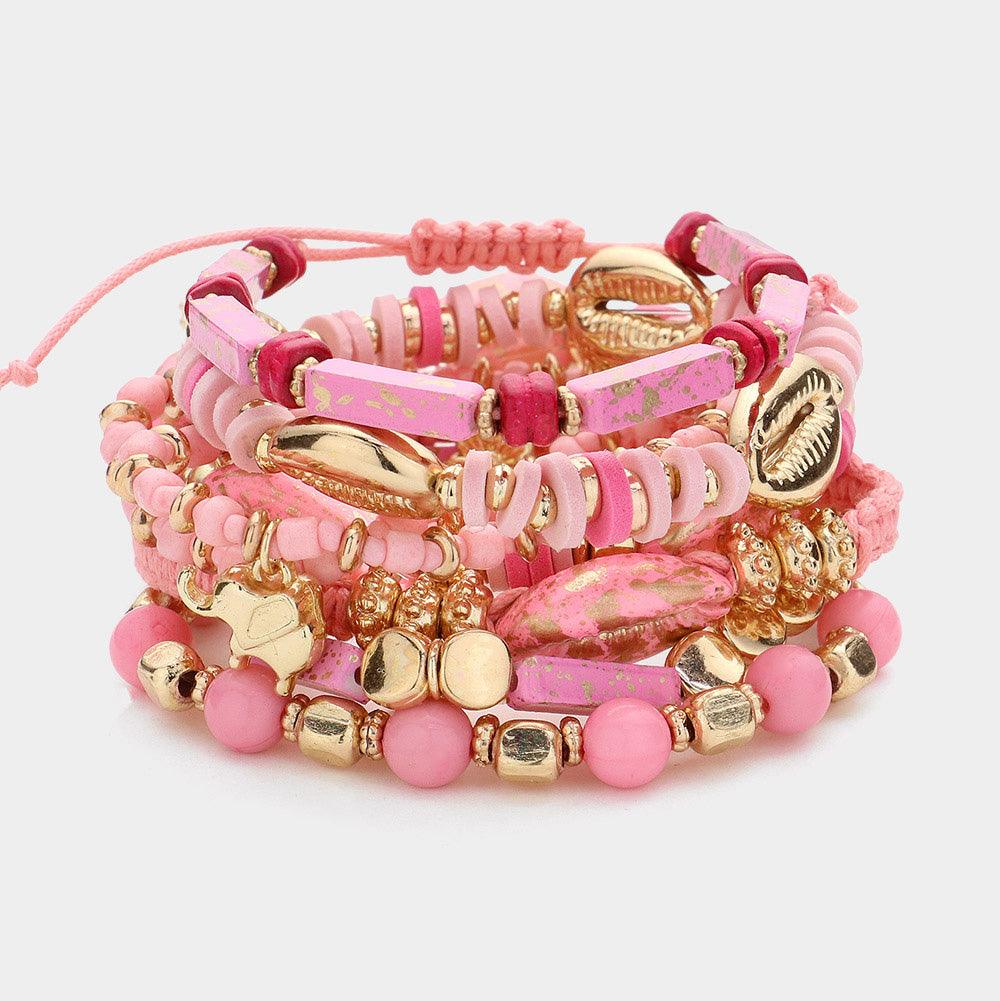 Pink 8PCS - Metal Puka Pointed Elephant Flower Butterfly Hand Charm Multi Layered Stretch Adjustable Bracelets