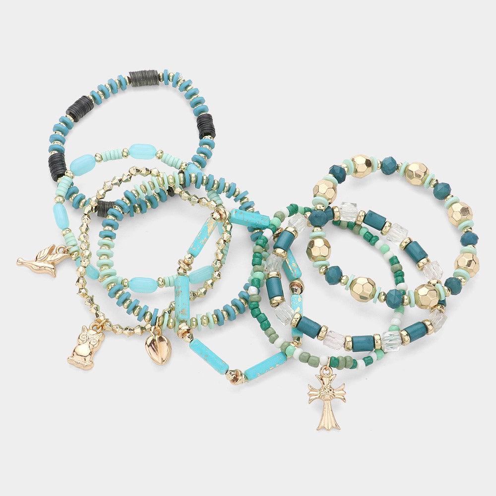 Turquoise 8PCS - Peace Owl Cross Charm Faceted Beaded Stretch Multi Layered Bracelets - Jewelry Store by Erik Rayo