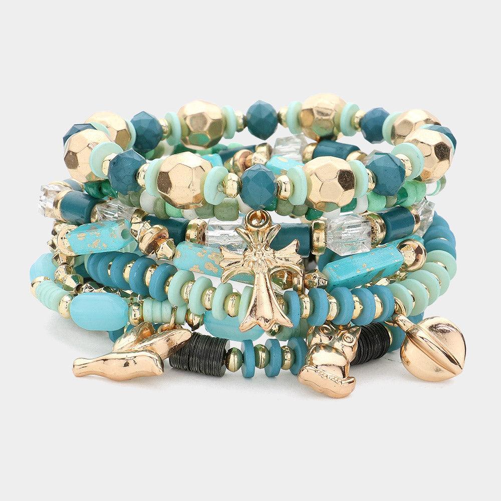 Turquoise 8PCS - Peace Owl Cross Charm Faceted Beaded Stretch Multi Layered Bracelets - Jewelry Store by Erik Rayo