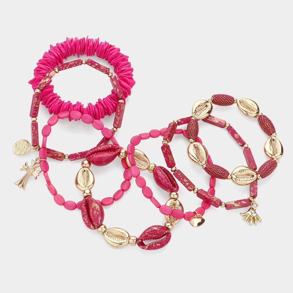 Red 7PCS - Metal Cross Hammered Disc Charm Puka Shell Beads Accented Faceted Beaded Multi Layered Bracelets - Jewelry Store by Erik Rayo
