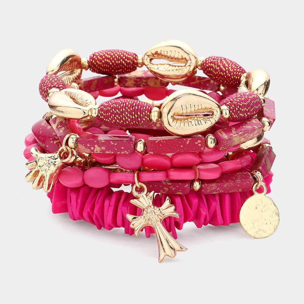 Red 7PCS - Metal Cross Hammered Disc Charm Puka Shell Beads Accented Faceted Beaded Multi Layered Bracelets - Jewelry Store by Erik Rayo