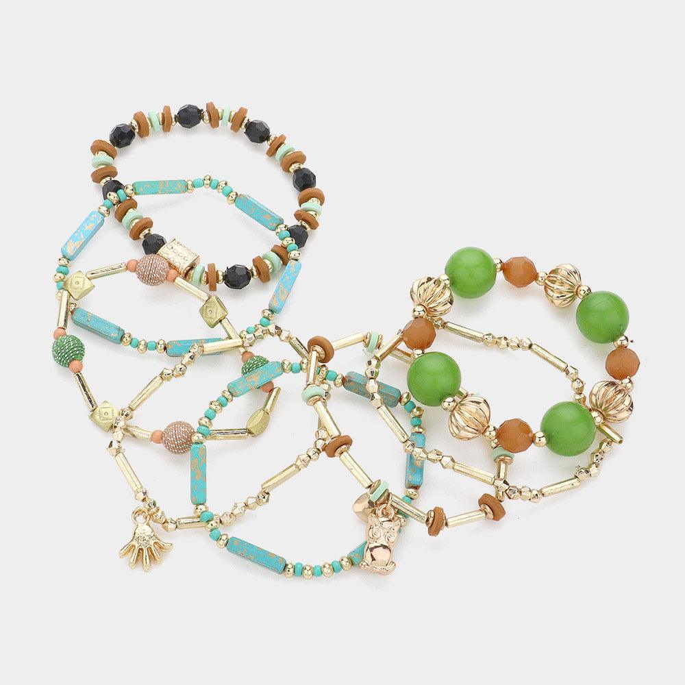 Green 8PCS - Metal Owl Hand Charm Multi Beads Stretch Layered Bracelets - Jewelry Store by Erik Rayo