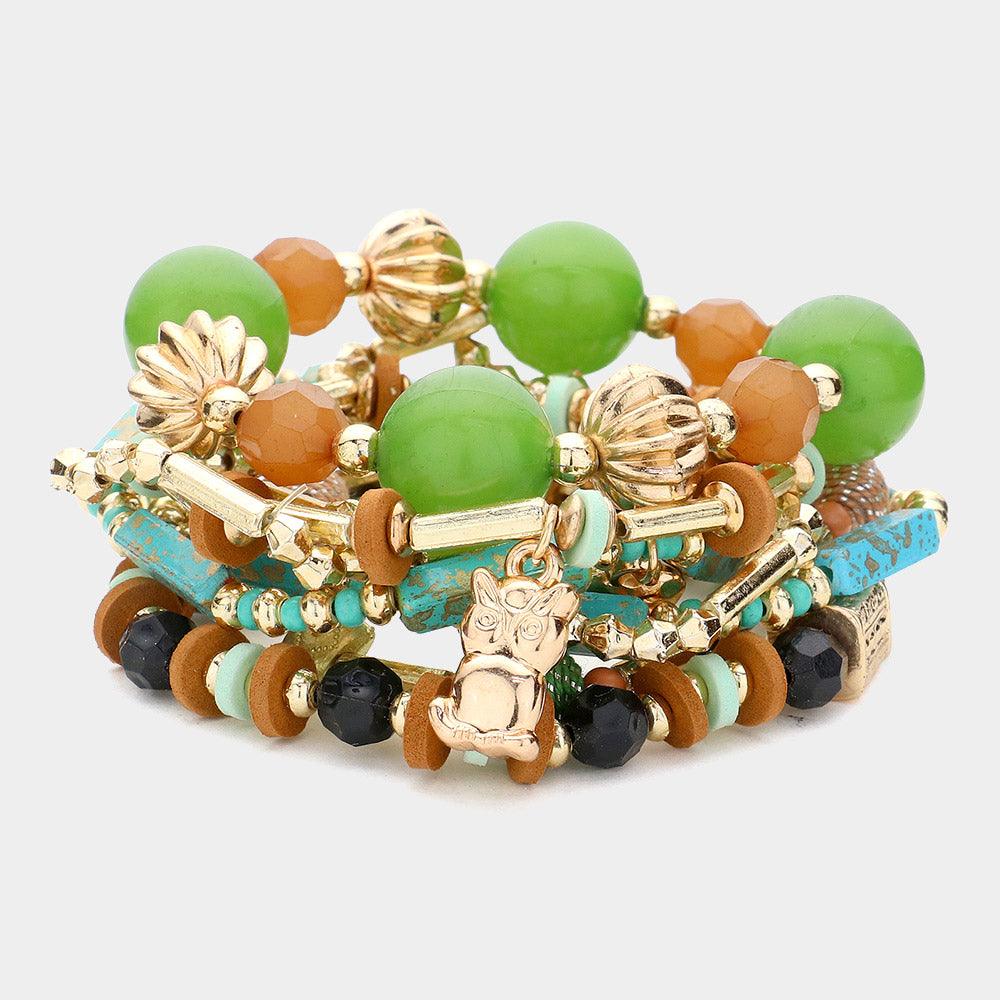 Green 8PCS - Metal Owl Hand Charm Multi Beads Stretch Layered Bracelets