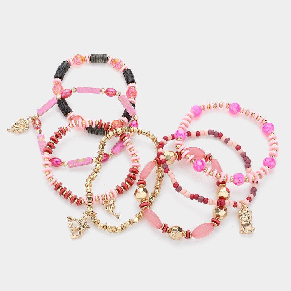 Pink 7PCS - Metal Flower Angel Dolphin Owl Charm Faceted Beaded Stretch Multi Layered Bracelets - Jewelry Store by Erik Rayo