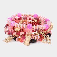 Load image into Gallery viewer, Pink 7PCS - Metal Flower Angel Dolphin Owl Charm Faceted Beaded Stretch Multi Layered Bracelets
