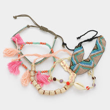 Load image into Gallery viewer, 5PCS - Puka Shell Pointed Aztec Pattern Cinch Pull Tie Tassel Pointed Stretch Multi Layered Bracelets
