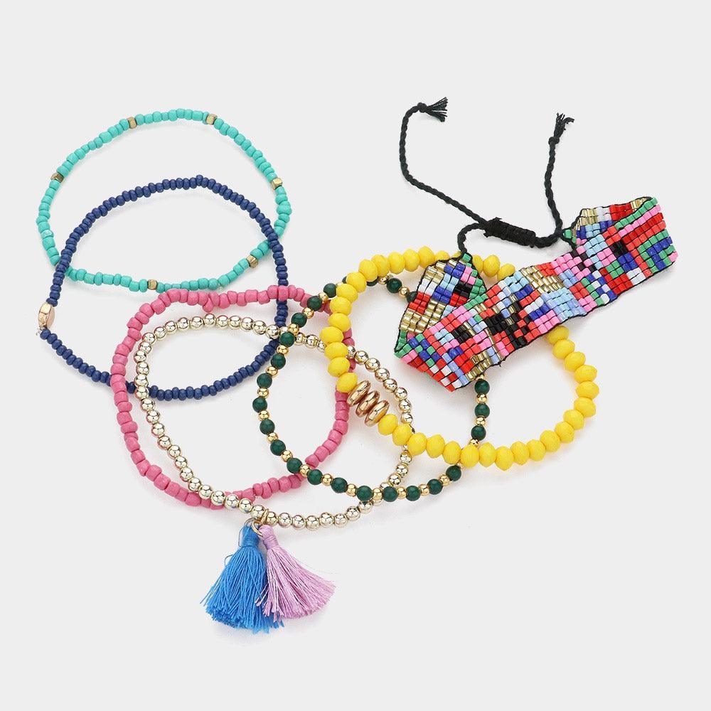 7PCS - Tassel Pointed Beaded Stretch Aztec Pattern Beaded Cinch Pull Tie Multi Layered Bracelets - Jewelry Store by Erik Rayo