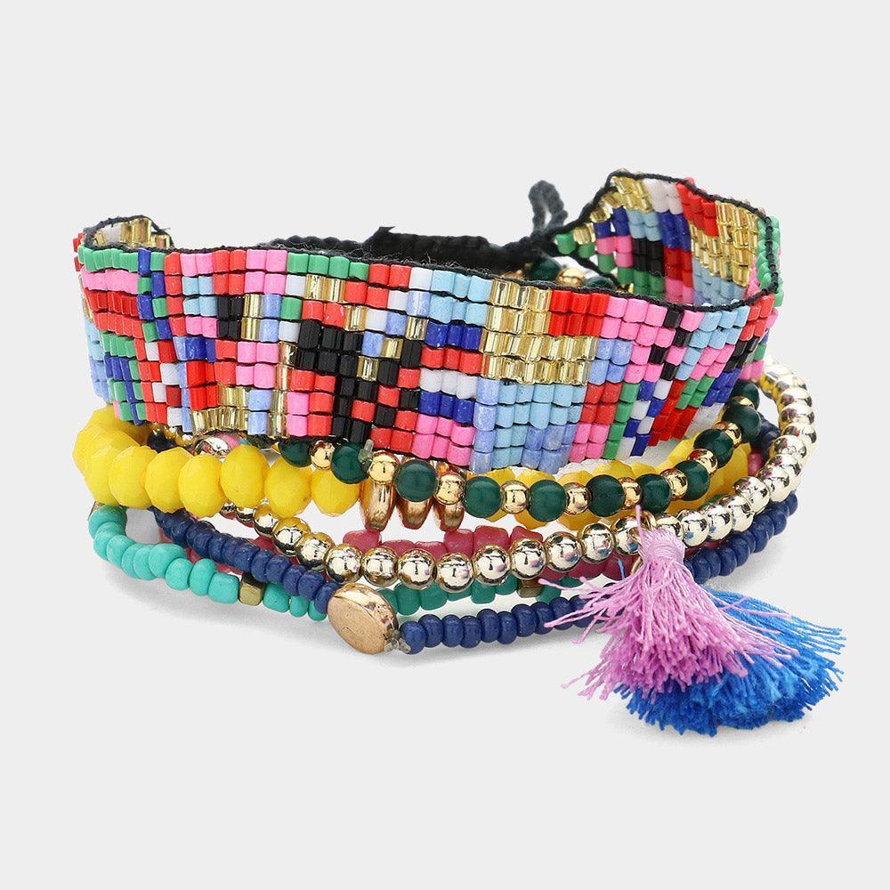 7PCS - Tassel Pointed Beaded Stretch Aztec Pattern Beaded Cinch Pull Tie Multi Layered Bracelets - Jewelry Store by Erik Rayo